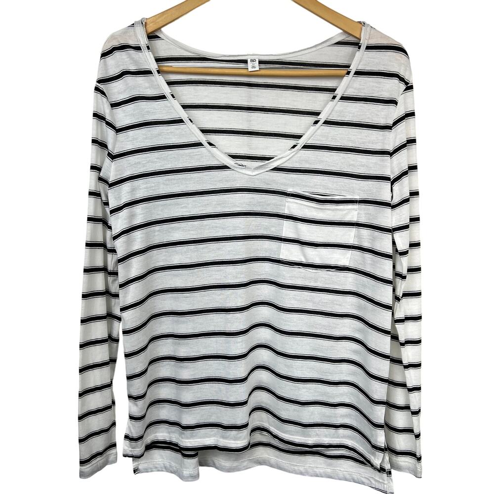 BP. Nordstrom Lightweight Sheer Long Sleeve V Neck Top Black/White Stripe Size M